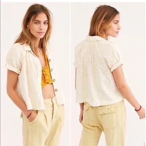 Free People We the Free Away at Sea Striped Frayed Hem Linen Blend Shirt Size L